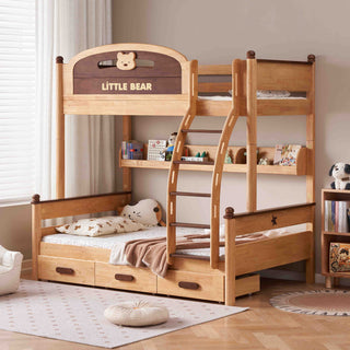 Wooden bunk bed with teddy bear design and 'LITTLE BEAR' text in a room setting.