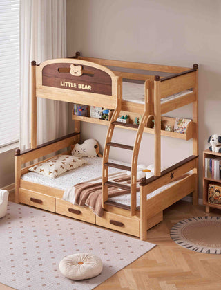 Wooden bunk bed with teddy bear design in a child's room
