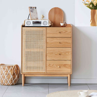 Wooden cabinet with rattan door in a room setting