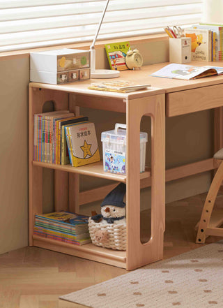 Wooden children's desk with shelves, books, and toys in a room.