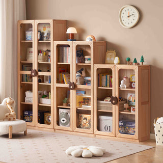 Wooden childrens bookcase shelf with toys and books in a room setting