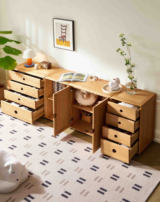 Wooden desk with multiple drawers in a room setting