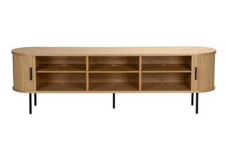Wooden entertainment console with open shelves on a white background