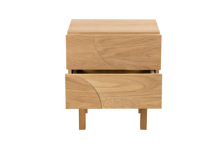 Wooden nightstand with two drawers on a white background