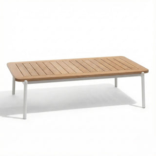 Wooden outdoor table with white metal legs on a white background