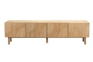 Wooden tv console with curved design on a white background