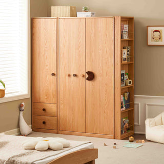 Wooden wardrobe with bookshelf in a bedroom setting