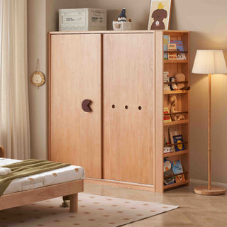 Wooden wardrobe with shelves in a bedroom setting