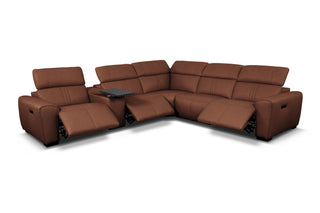 Brown sectional sofa with reclining seats on a white background