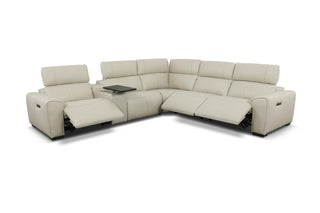 Beige sectional sofa with reclining seats on a white background