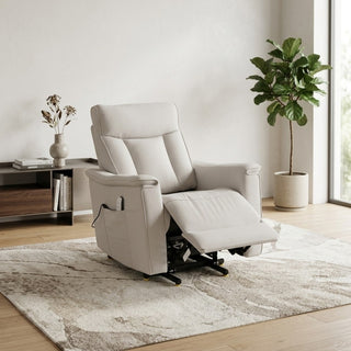 beige recliner armchair for elderly in a modern living room with a plant and bookshelf.
