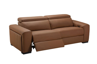 Brown leather sofa with reclining feature on a white background