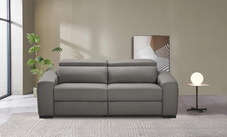 Gray sofa in a modern living room with a plant and side table.