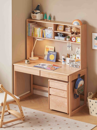 children study desk with shelves, books, and stationery in a room setting.