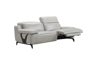 Gray leather sofa with reclining feature on a white background