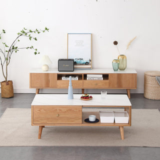 contemporary parma wood coffee table with stone top and tv console