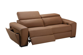 Brown leather sofa with reclining feature on a white background