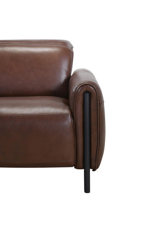 Brown leather sofa with black metal legs on a white background