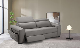 Gray sofa in a living room setting with a side table and plant.