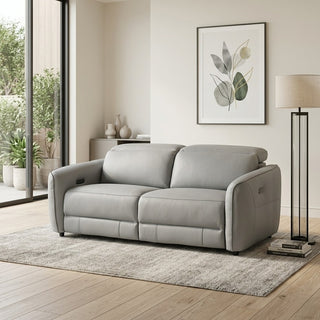 grey sofa in a modern living room with a lamp and framed artwork.