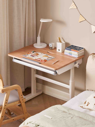 kids study desk with lamp and books next to a bed in a room.