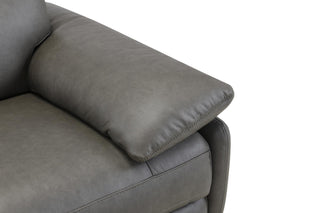 Gray leather sofa with a close-up of the armrest