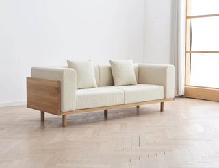 luxe wooden 3 seater sofa side view