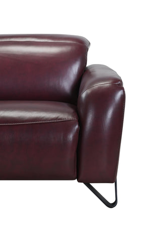 Close-up of a maroon leather sofa with a white background