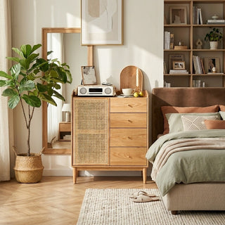 rattan chest of drawers and decorative elements.