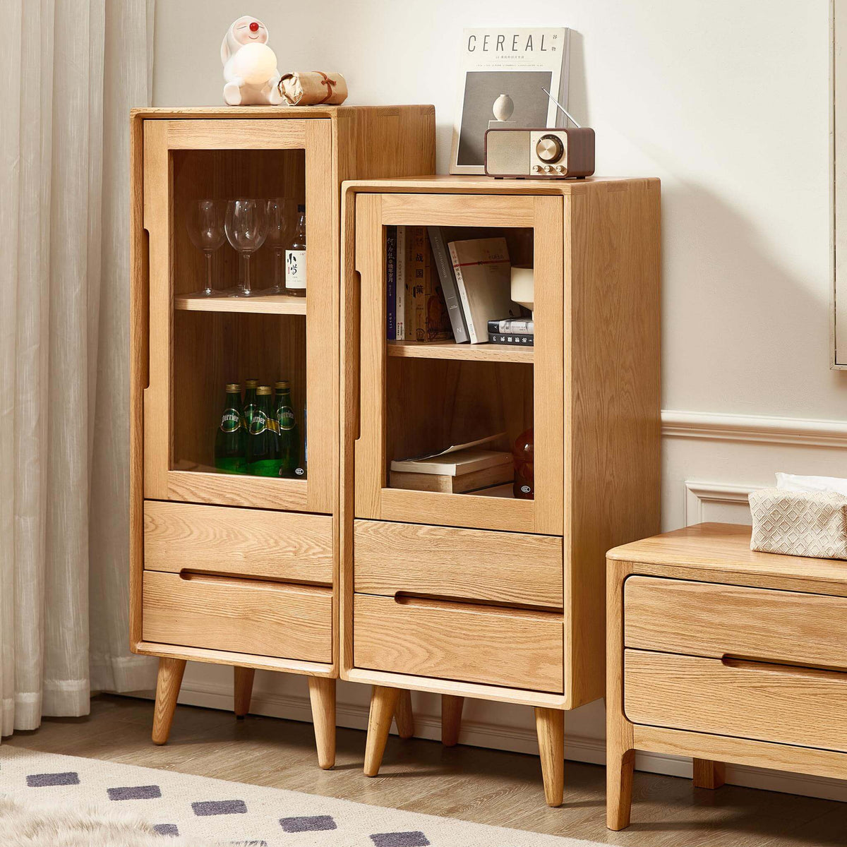 side table and kitchen cabinets