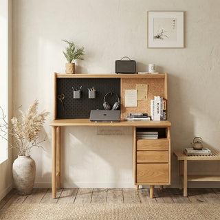 study table with shelf and drawer with office items in a home office setting