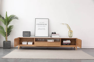 vito oak tv console with practical storage solutions
