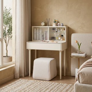 white oak dressing table with mirror and stool in a bedroom setting