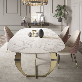 side view oval white marble top dining table with contrasting shape