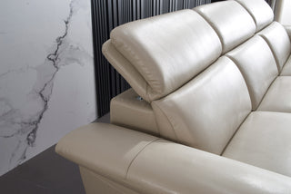 cream leather l shaped electric recliner side closeup