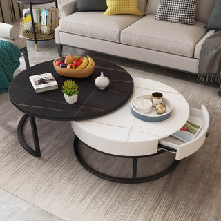 round split level black white coffee table with drawer