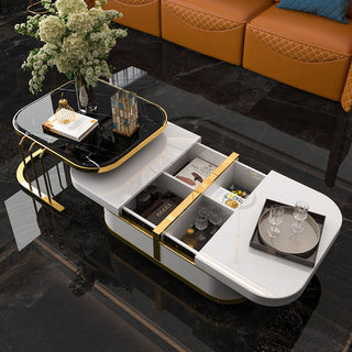 white and gold platform coffee table storage space