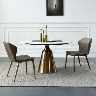 white sintered stone round dining table rose gold stainless steel leg
